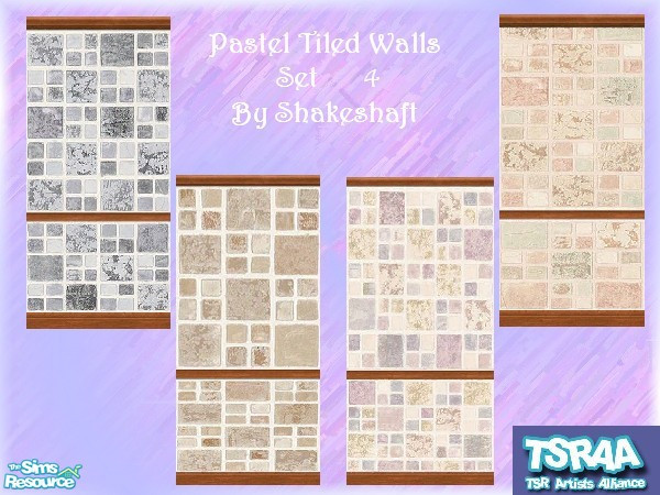 Sims 2 — Pastel Tiled Wall Set 4 by TSR Archive — A set of 4 Pastel Tiled Walls with a Medium Wood Picture Rail. ** TSRAA