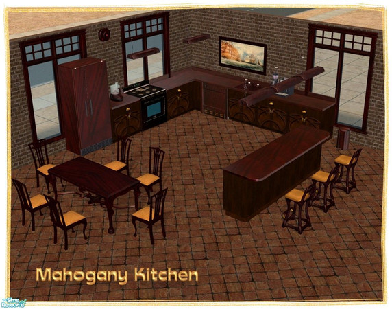 Sims 2 — Mahogany Kitchen Set by Malitia — Another kitchen set in dark colors for your sims.