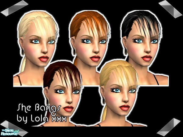 Sims 2 — She Bangs by Lola — Low pony tail mesh with choppy slanted bangs. Thanks to Conan21 for the name.
