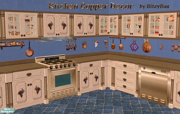 Sims 2 — Kitchen Copper Decor by Bitzybus — Copper decor for kitchen walls and cabinets. Requires meshes from the