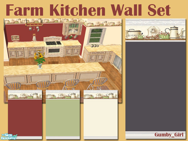 Sims 2 — Farm Kitchen Wall Set by Gumby_Girl — A set of 4 paint walls with a country kitchen theme. White carved wooden