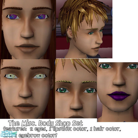 Sims 2 — The Misc. Body Shop Set by simmyfan2852 — This set features: 1 new lipstick color, 1 new hair color, 2 new eyes,