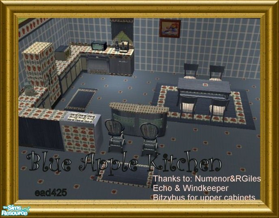 Sims 2 — Blue Apple Kitchen by ead425 — Apples and blues ... set contains: 1 wall, 1 floor 18 items curtains,dining