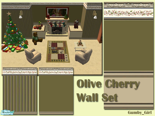 Sims 2 — Olive Cherry Wall Set by Gumby_Girl — Set of 3 walls for your home. Olive paint with cherry wallpaper trim.