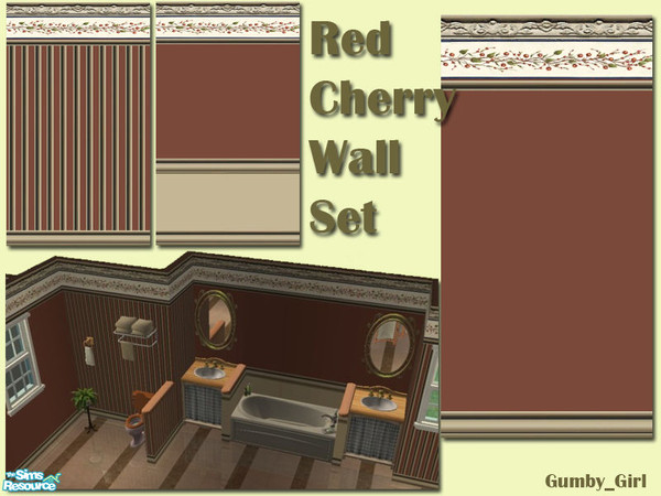 Sims 2 — Red Cherry Wall Set by Gumby_Girl — Set of 3 walls for your home. Rust red paint with cherry wallpaper trim.