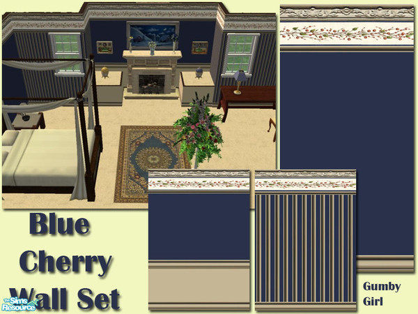 Sims 2 — Blue Cherry Wall Set by Gumby_Girl — Set of 3 walls for your home. Royal blue paint with cherry wallpaper trim.