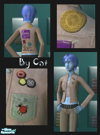 Sims 2 — Beige Denim Jacket by phaden — Beige denim jacket with badges and patches sewn on.