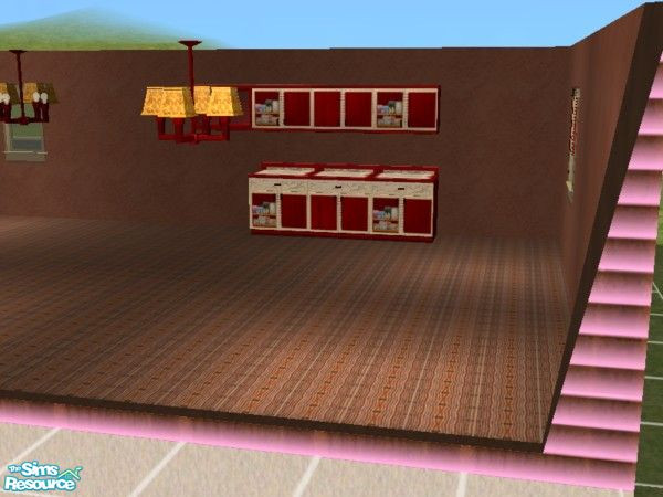 Sims 2 — Red Dragon Kitchen ceiling lamp by ead425 — set includes: 1 wall,13 items: 3 counters, ceiling lamp, blinds,