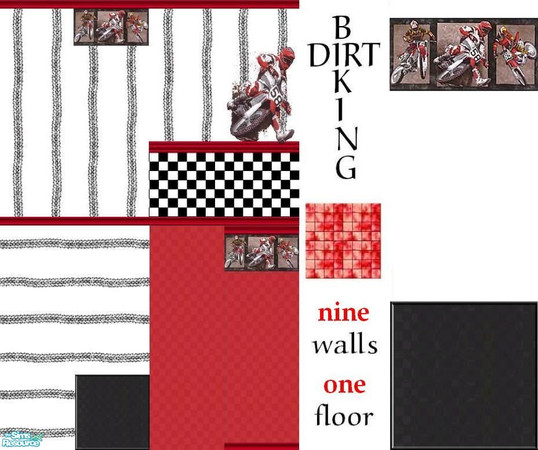 Sims 2 — Dirt Bike Racing by Lorah — Dirt biking walls and tile in red, white and black. Stripes are of tread marks.