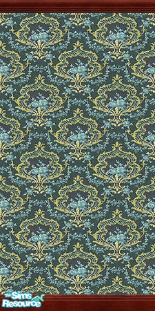Sims 2 — Maxis blue damask: dark wood trim by jenwar — Maxis wallpaper texture extracted with SimPE, with dark wood trim.