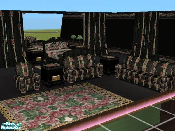 Sims 2 — Roses and Ribbons Seating by ead425 — pink roses, black walls and floors, green accents:includes 9 items, 1