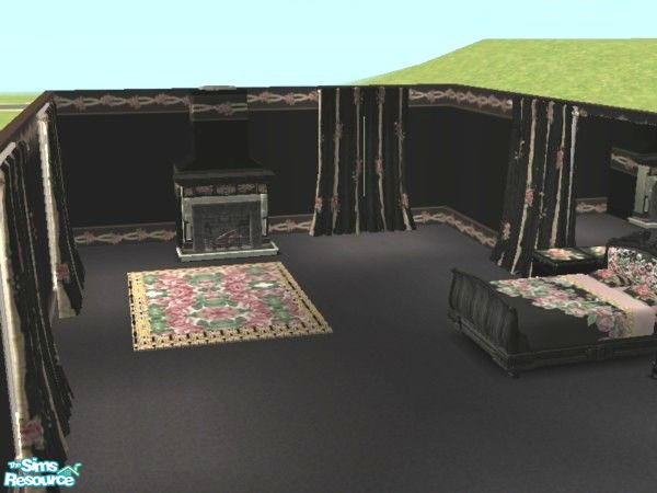 Sims 2 — Roses and Ribbons rug set by ead425 — pink roses, black walls and floors, green accents:includes 9 items, 1