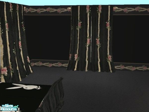 Sims 2 — Roses and Ribbons curtains by ead425 — pink roses, black walls and floors, green accents:includes 9 items, 1