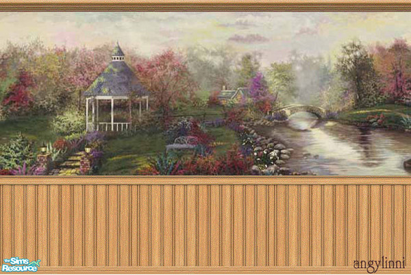 Sims 2 — Gazebo Mural Wallset by angylinni — An idyllic garden scene on three panels with lightwood crown and beadboard