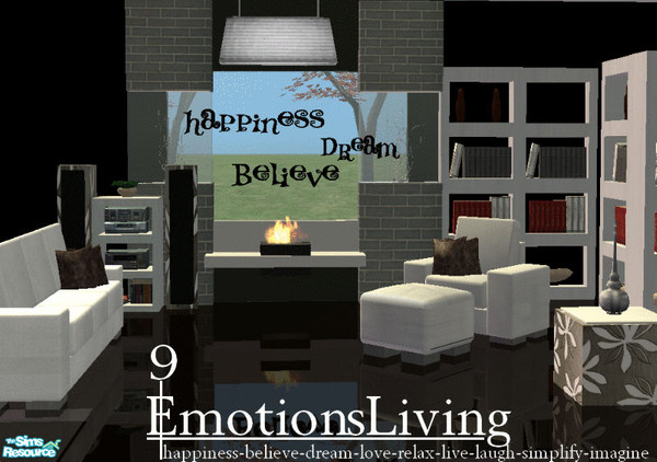 Sims 2 — 9 emotions living room by kibanahnah — 9 \"emotion words\" wall hangings,in white or black that you