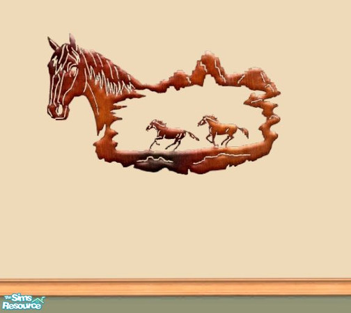 Sims 2 — Two Tile Wall Decor - recolor Horses by Bitzybus — Hammered copper wall sculpture.