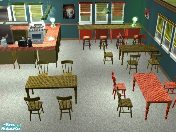 Sims 2 — HAPPY TIME CAFETERIA by lorettamouse — Counters, tables, chairs and blinds of my community lot: Happy time