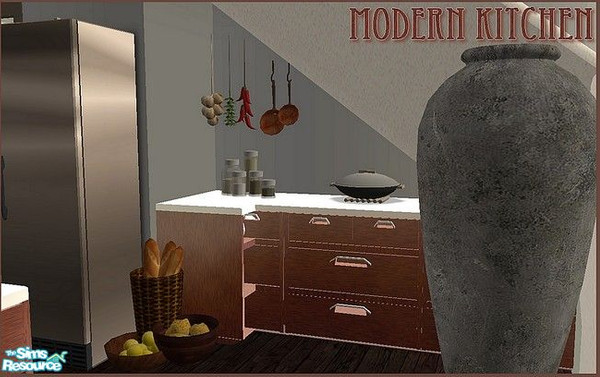 Sims 2 — Modern wood kitchen by Angela — Modern looking wooden kitchen with white countertop, includes dishwasher and