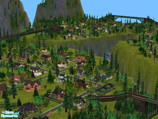 Sims 2 — Greensboro Bend by cat3cm — Several bridges over a winding river make this lot very interesting and fun to play.