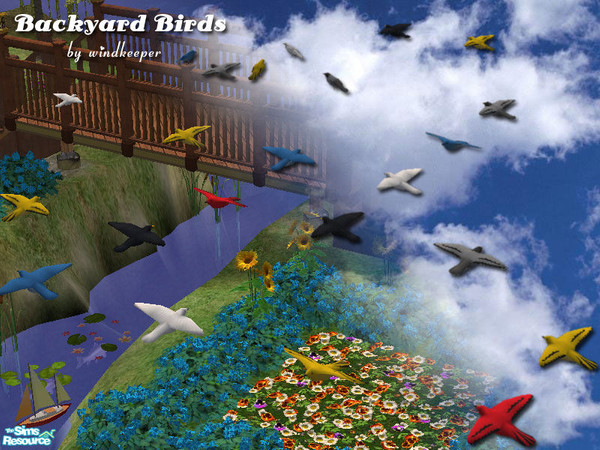 Sims 2 — Backyard Birds by Windkeeper — Set includes two new meshes, one flying bird and one sitting on a fence, and also