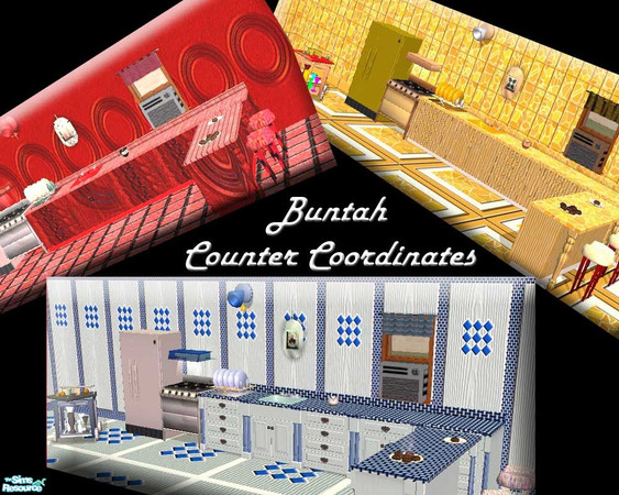 Sims 2 — Counter Coordinates by buntah — Three sets of colorful matching counters, islands, countertops, walls, and