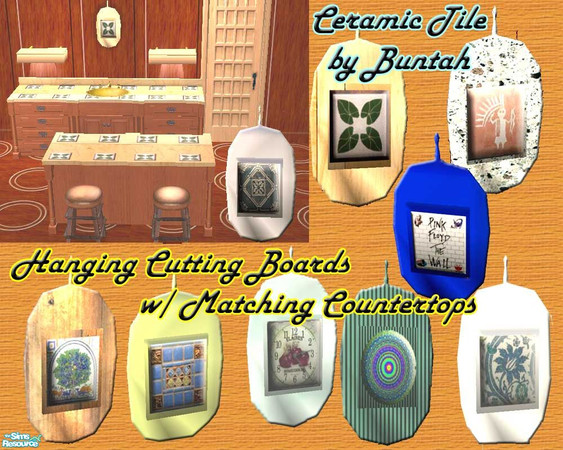 Sims 2 — Ceramic Tile by buntah — This set includes ceramic tiles inlaid on my wall-hanging cutting board, along with