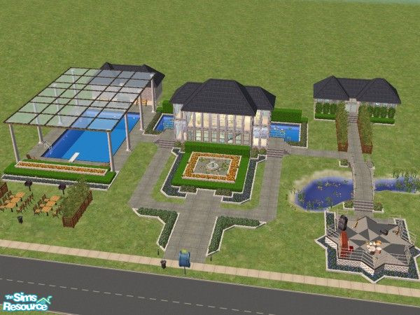 Sims 2 — Watergarden by jenwar — Gardens filled with flowers, shrubs, reflecting pools, and a pond covered by an arched