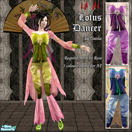 Sims 2 — Lotus Dancer Set by Daislia — A set of 3 outfits for AF, mesh by rose required, the middle one from the linked
