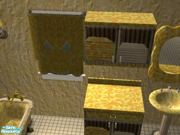 Sims 2 — Mellow Yellow Antique Bath curtains by ead425 — 8 items includes: wall is chicken kitch wall; combo tub shower,
