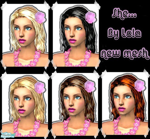 Sims 2 — She by Lola — She. Long super-higlighted hair, Plenty of bounce and shine. With a pretty pink flower. Cute hair