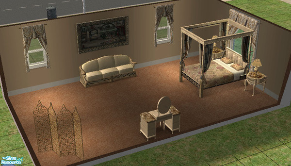 Sims 2 — Neutral Bed Room by Itzjustme — Includes "mesh" screen, bed frame, bedding, blinds, end table, lamp,