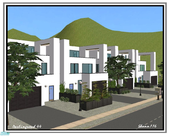 Sims 2 — Darlingroad 44 by Shann116 — 4 modern houses. 8 rooms 2 bathrooms garage + garden. Lot size 5x4. Rent $ 6,055.-