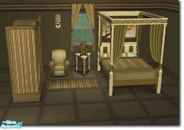 Sims 2 — Single Men by Yizzi — Bed, bedding, chair, table, vase, rug, dresser, lamp, picture, 3 walls, 2 floors 