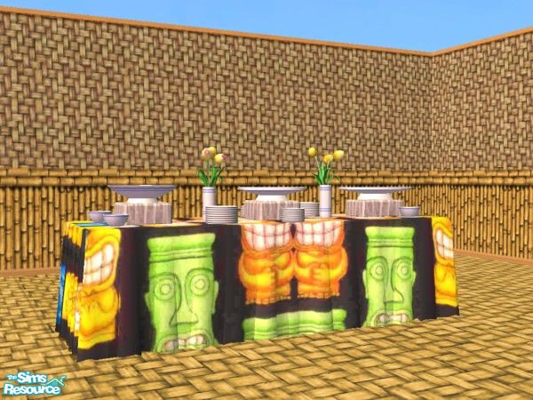 Sims 2 — Time Warp Tiki Buffet by c_literati — Tiki-style set just in time for summer! With walls from the original Sims.