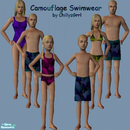 Sims 2 — Camouflage Swimwear by Chillyzgrrl — Camouflage swimwear for the whole family.