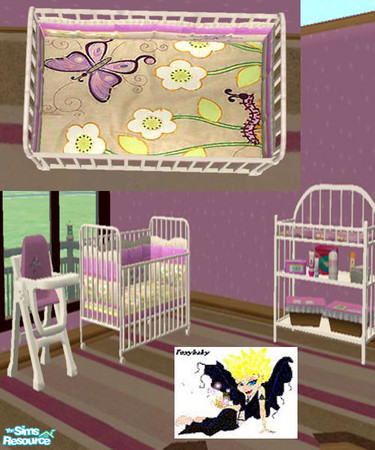 Sims 2 — Fancy Garden Nursery Set by foxybaby3 — Oriental Butterflies & flowers. Crib, changing table, highchair