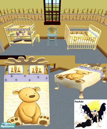 Sims 2 — My Teddy Nursery Set by foxybaby3 — Unisex nursery set in lemon & blue. Included in set is the crib,