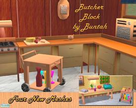 Sims 2 — Butcher Block by buntah — This set includes 4 meshes: serving table on wheels, 2 cutting boards (on the counter