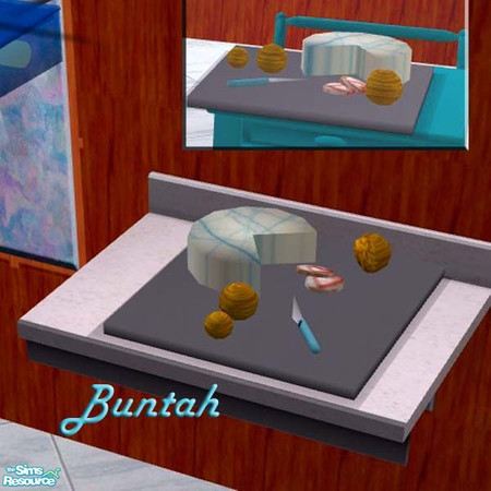 Sims 2 — Cheese Tray by buntah — A cheese tray that includes a big slab of aged bleu cheese, as well as cheese balls and