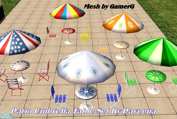 Sims 2 — Umbrella Patio Table Set by Raveena — Patio tables with colorful umbrellas and matching patio chairs.