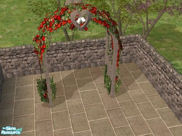 Sims 2 — Garden Wedding Arch by c_literati — An antique stone wedding arch overgrown with red roses.