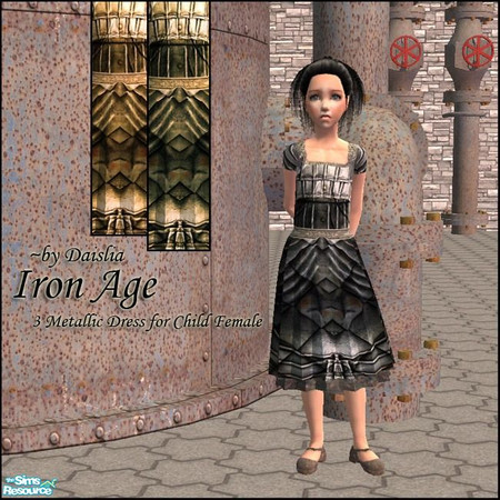 Sims 2 — Iron Age (Child Dress Set) by Daislia — 3 Metallic dress for child female, maxis recolour and basegame capable,