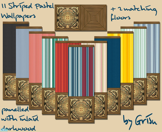 Sims 2 — Stripey Pastels Set 01 by Grisu — Set consists of 2 floors and 11 walls with striped wallpaper and darkwood