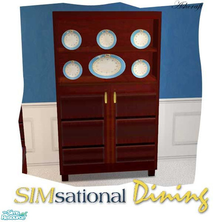 Sims 2 — SIMsational Dining Breakfront by Cashcraft — Dark wood diningroom furniture, paired with vivid blues, makes for