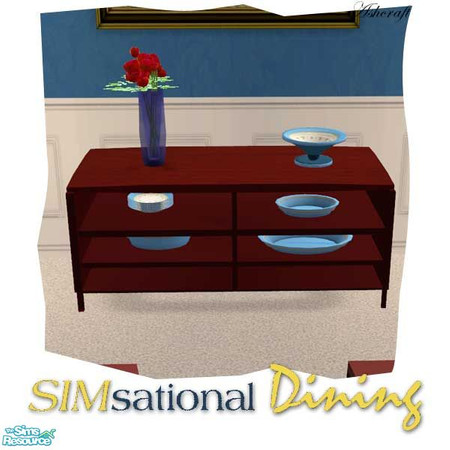 Sims 2 — SIMsational Dining Sideboard by Cashcraft — A dark wood diningroom paired with vivid blues makes for