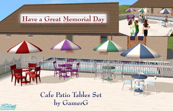 Sims 2 — Cafe Patio Tables Set by Gamerg — This is the Mesh file and three recolors of the New Mesh Cafe Patio Tables,