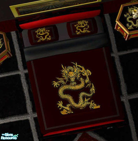 Sims 2 — Mandarin bed - by hippiebill by hippiebill — Deep maroon and black with Mandarin dragon of luck prominately