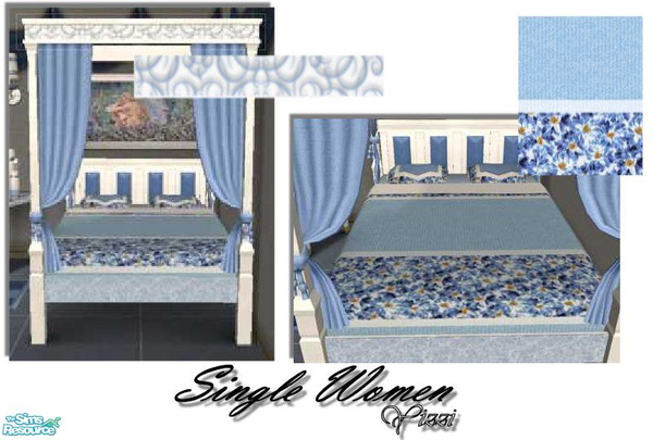 Sims 2 — Single Women-Dbl bed and bedding by Yizzi — White double bed with swag. Blue marble trim on bottom pretty blue