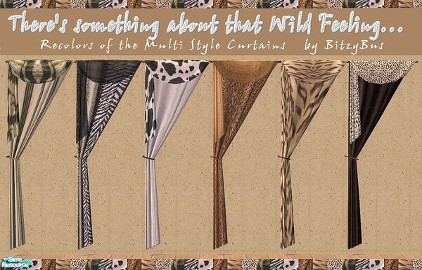 Sims 2 — Wild Feeling Curtains by Bitzybus — Animal Print recolors of the Multi Style Curtains. You will need the meshes