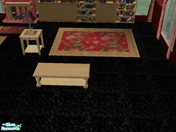Sims 2 — Antique red coffee table by ead425 — 13 items, 1 wall,1 floor: bookcase,coffee table, curtains, desk end table,